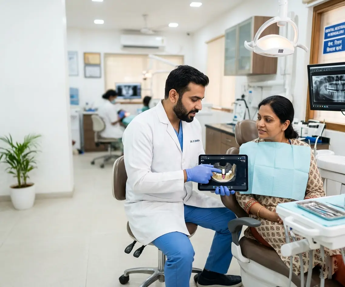 Indian dentist explaining dental implant treatment to patient in clinic consultation